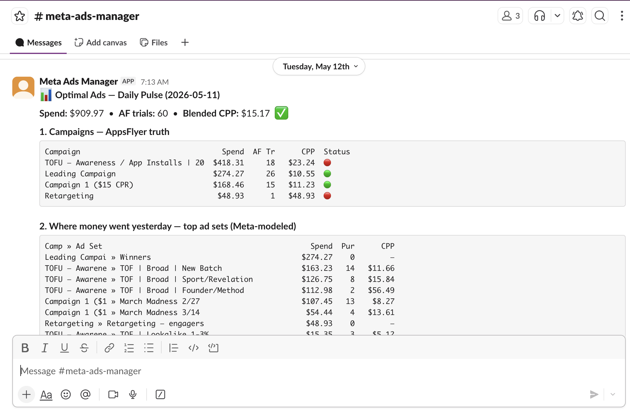Slack daily ads pulse